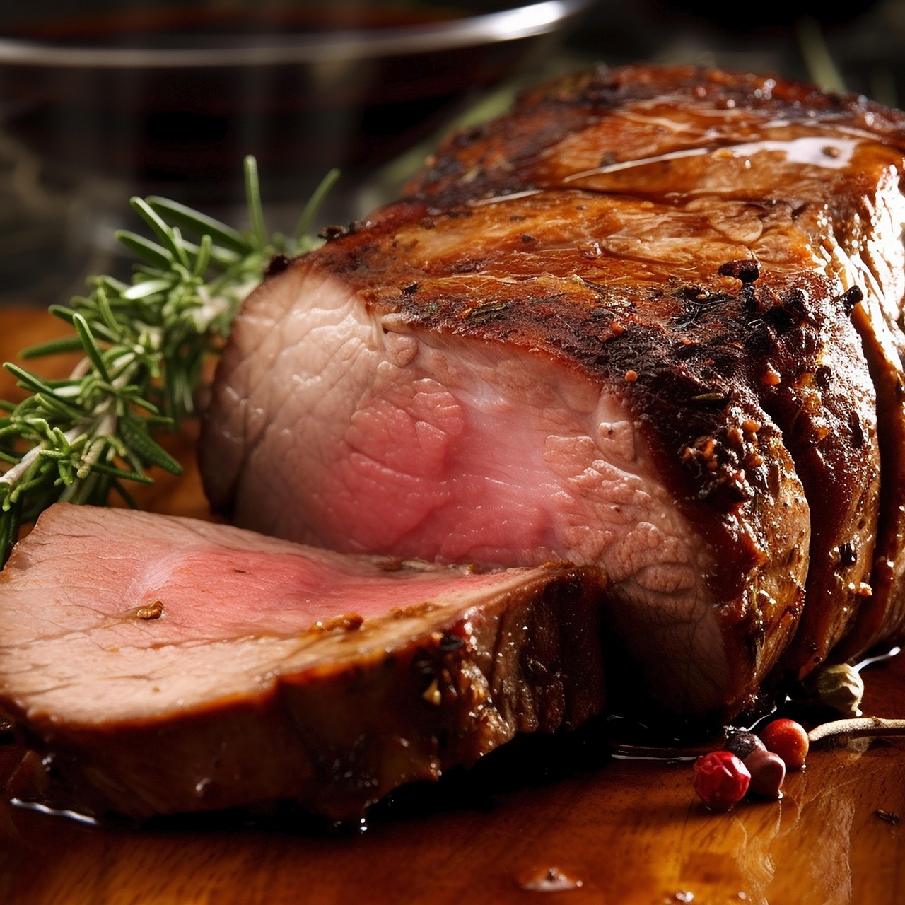 Arrosto succoso e tenero su un piatto, accompagnato da contorni colorati e appetitosi.